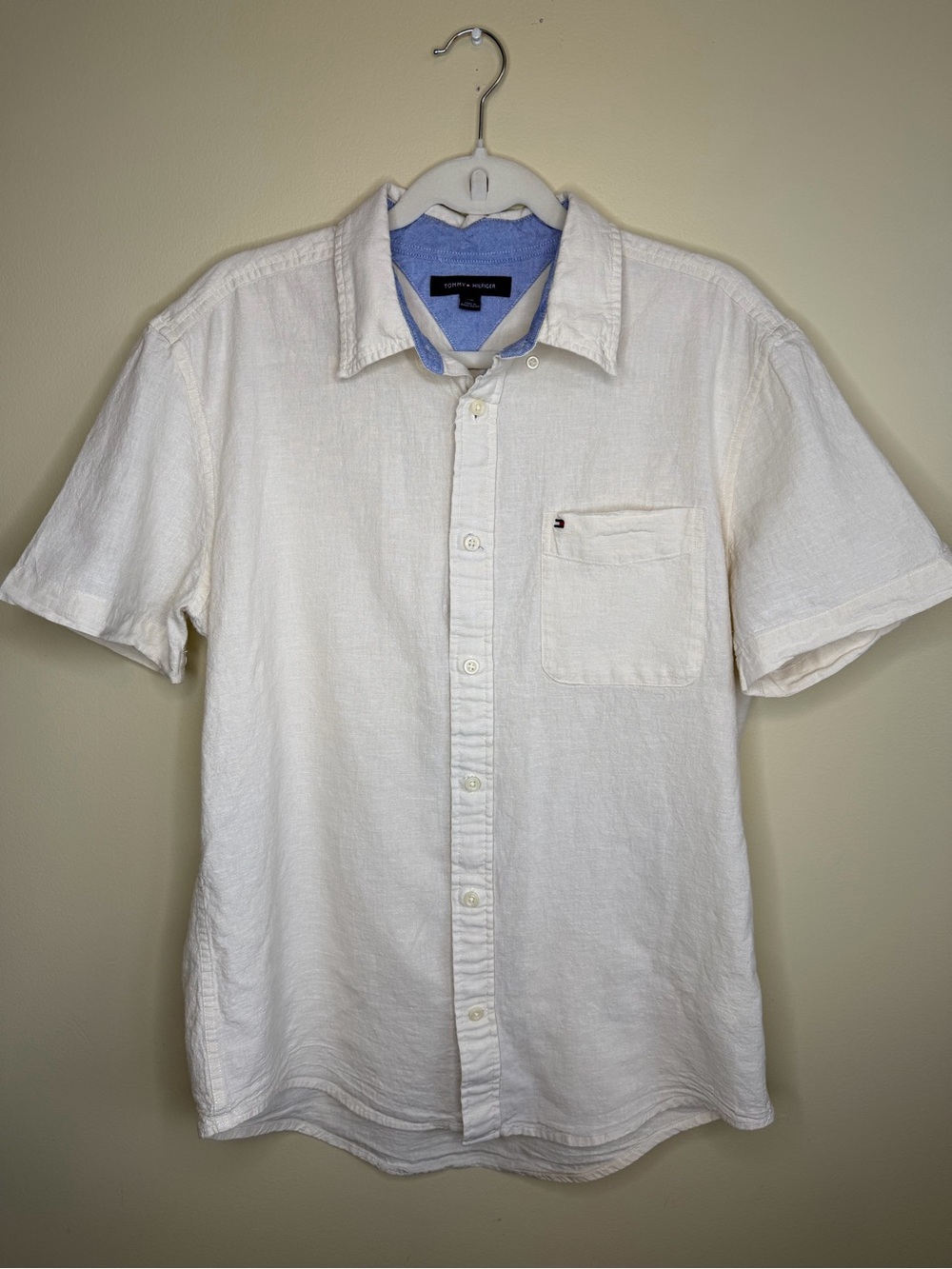 Tommy Hilfiger L White Linen Cotton Short Sleeve Button Down Beach Preppy Shirt